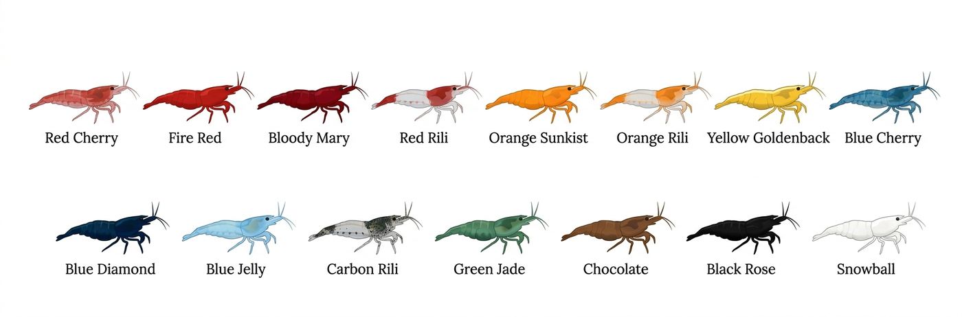 Illustrated chart of 15 neocaridina shrimp colour varieties